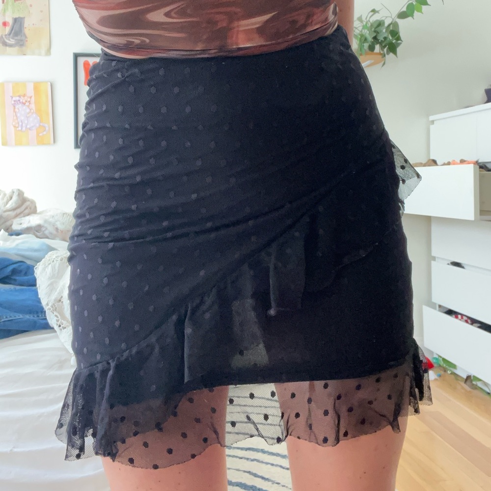 polka dot frill black mini body con skirt